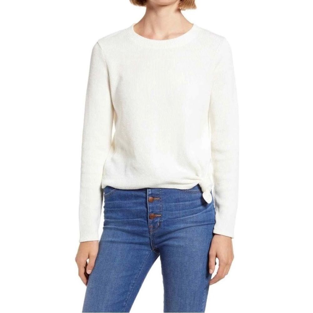 Madewell White Jacquard Ribbed Knot-Front Top